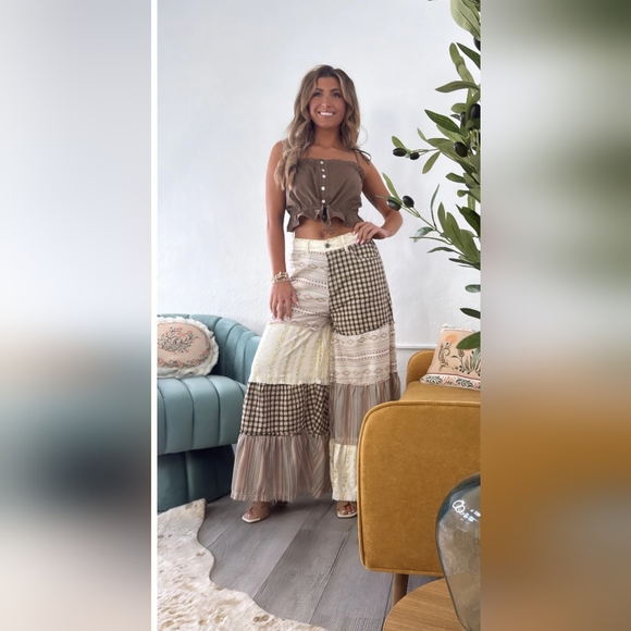 POL Pants - POL Brown & Cream Oakley Boho Patchwork Wide Leg Pants